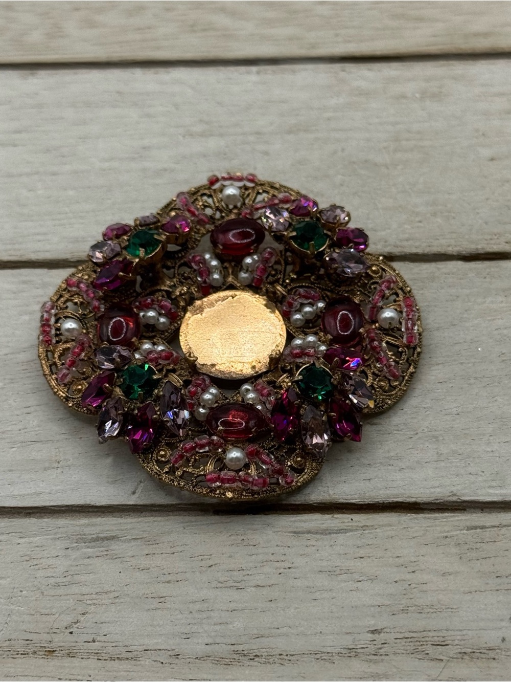 Vintage rhinestone loral Statement Brooch in Gold with Pink and Green Accents